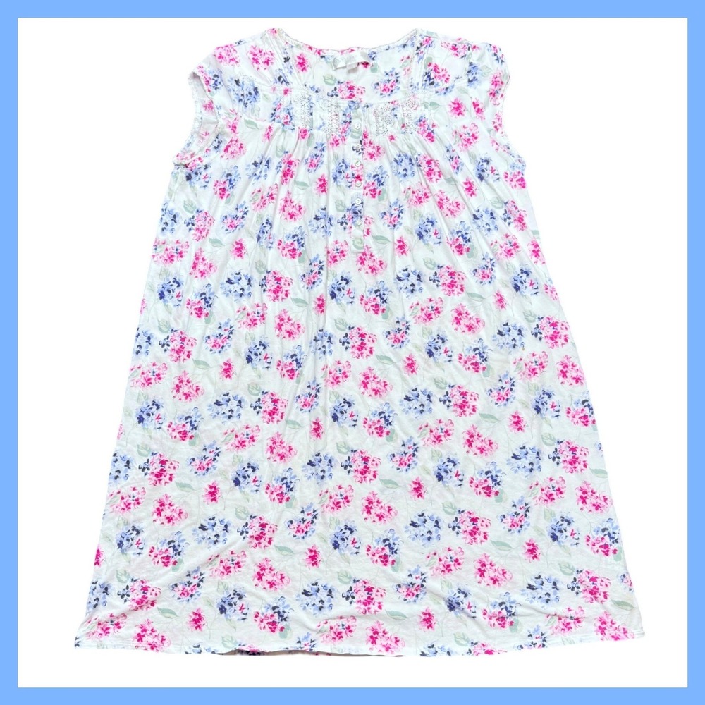 Eileen West Womens XL Nightgown Floral 38" Cap Sleeve Button Front Cotton Modal‎